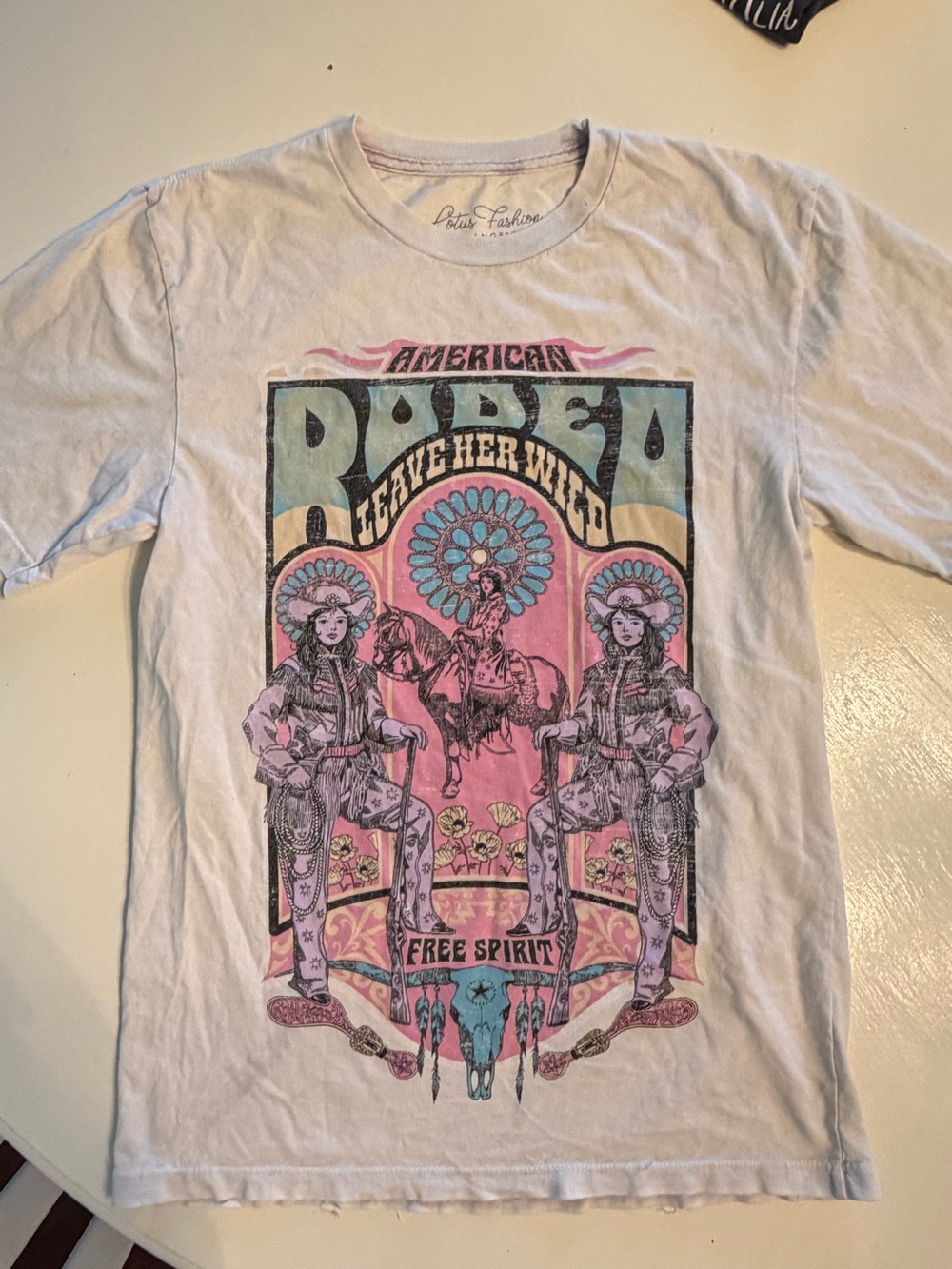 Lotus Fashion American Rodeo Graphic T-Shirt - White with Pink & Blue Print